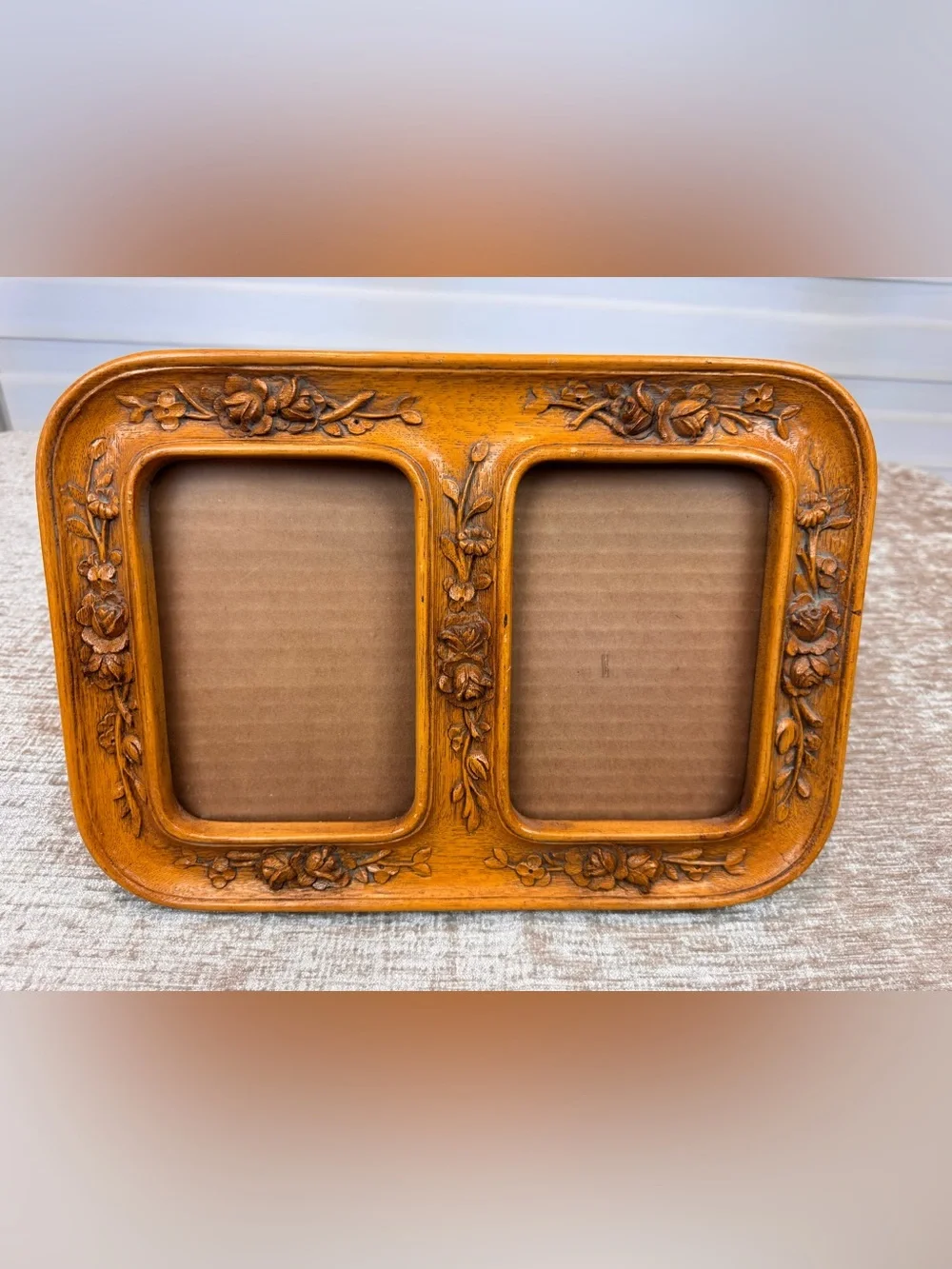 Wood Carved Double Photo Frame in Warm Honey Brown rosebuds vintage Victorian